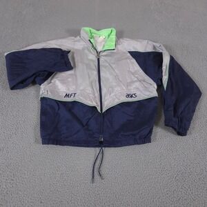 VINTAGE Asics Jacket Mens L Silver Neon Nylon Windbreaker Vented Full Zip 90s